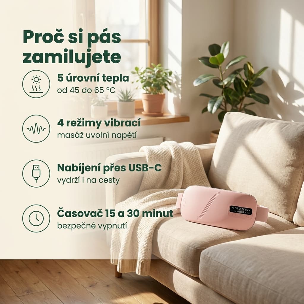 Menstruační vyhřívací pás – teplo 45–65 °C, vibrace a USB-C nabíjení